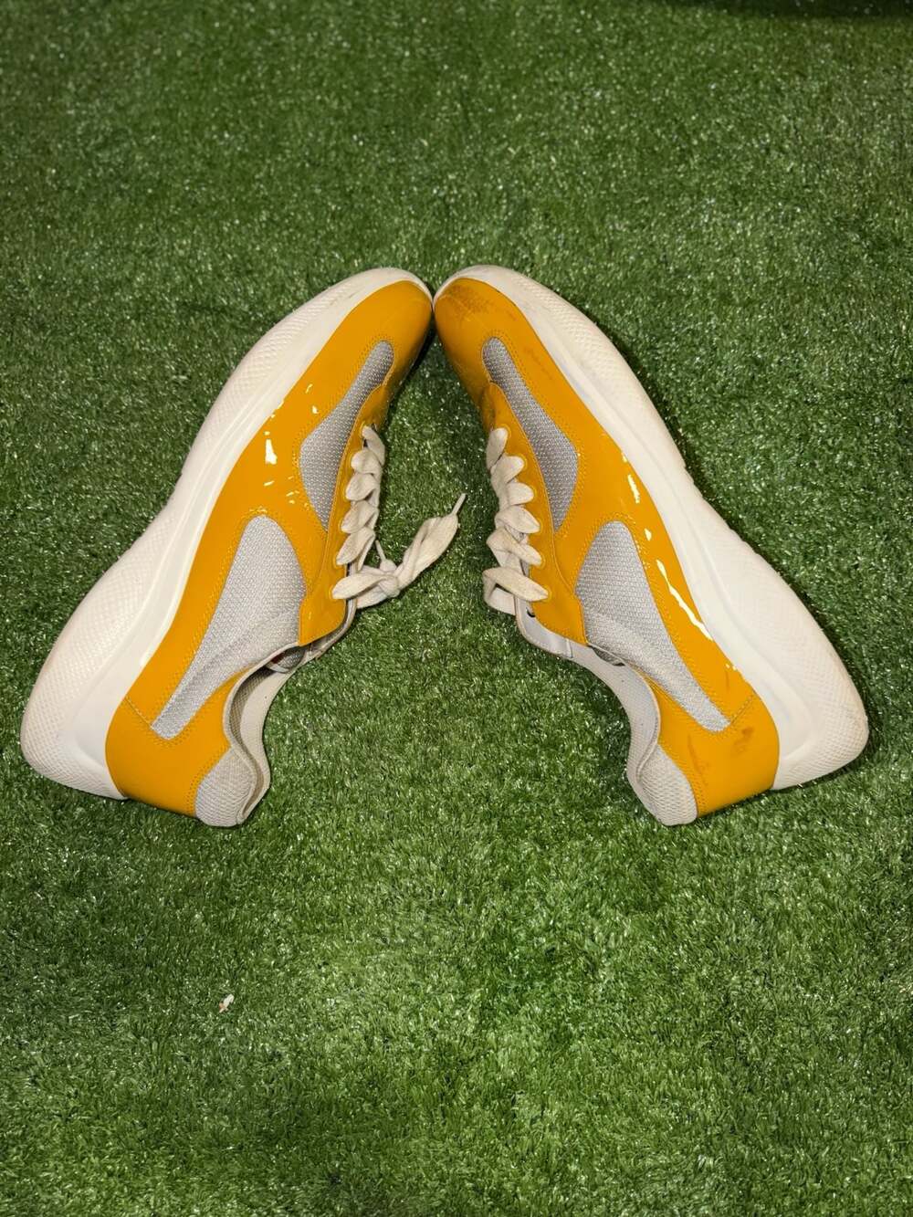 Prada America's Cup Yellow Patent Leather and Silver Mesh Sneakers 4E3400